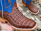 Men’s Cognac Crocodile Leather Boots With Rooster/Blue Shaft