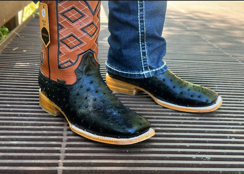 Men’s Black Ostrich Leather Boots With Cognac Shaft