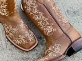 Women’s Honey Leather Boots Woth Beige Floral Embroidery