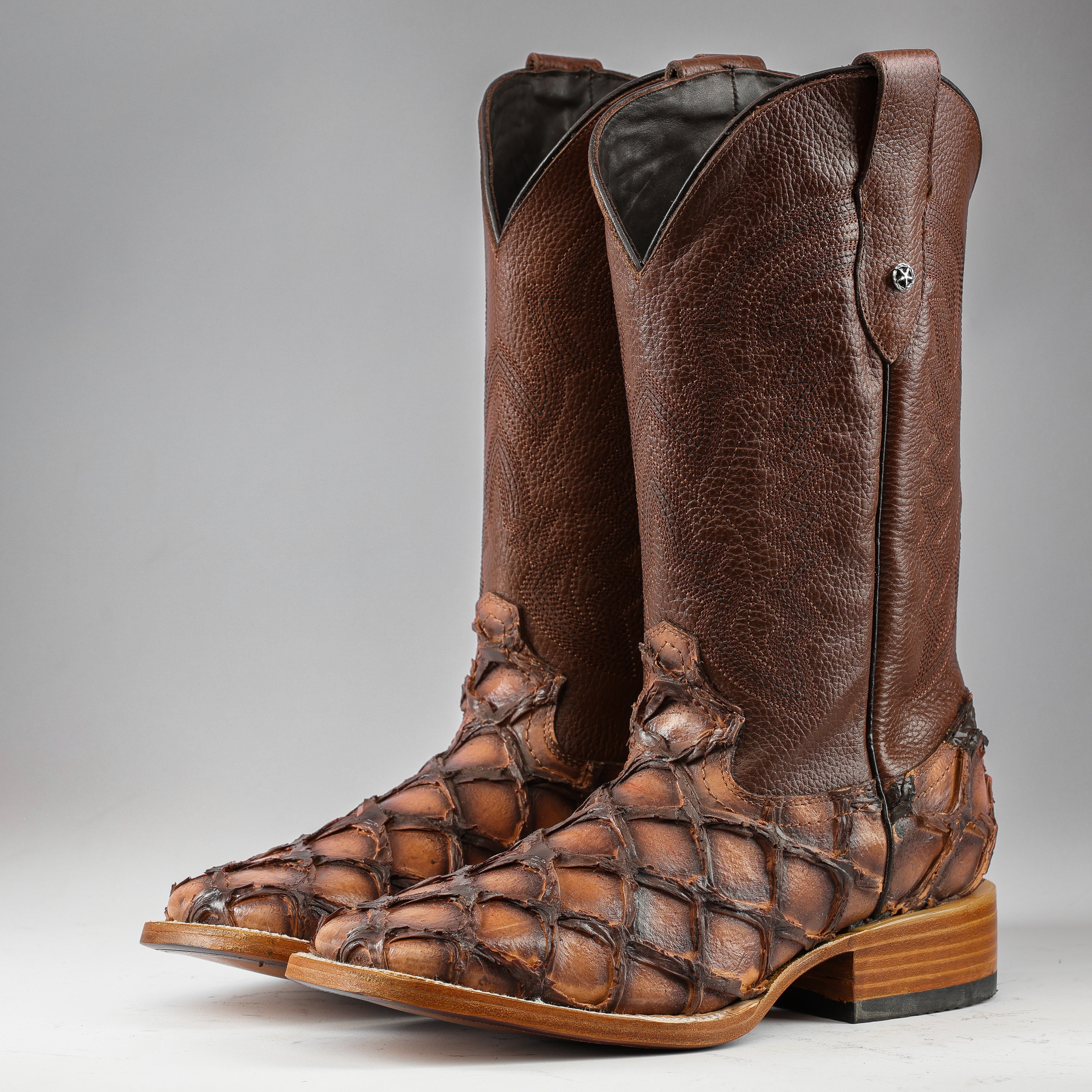 Cognac Jumbo Pirarucu Leather Boots - Square Toe – Texas Boot Ranch