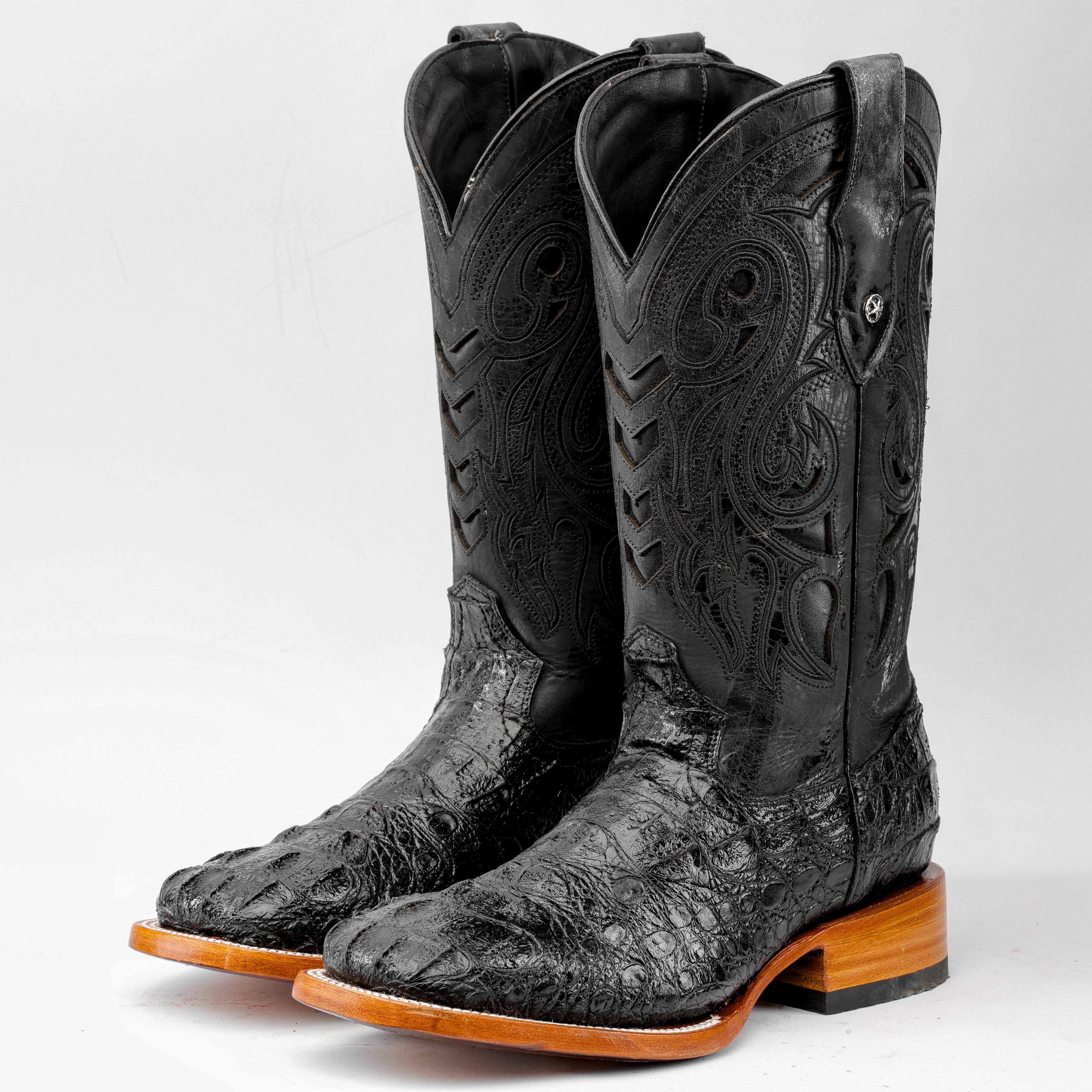 Black Caiman Neck Leather Boots - Square Toe – Texas Boot Ranch