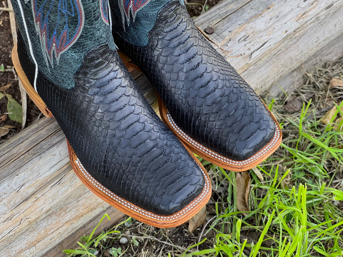 Men’s Genuine Black Python Boots With Dark Blue Shaft – Texas Boot Ranch