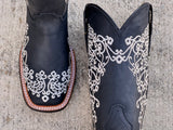 Women’s Black Leather Boots With White Floral Embroidery