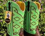 Men’s Brown Hand-Tooled Leather Boots/ Green Shaft-Square Toe