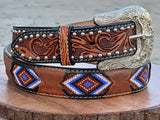 Honey Hand-Tooled Leather Artesanal Tabs With Silver Studs Brown and Purple Beaded Belt
