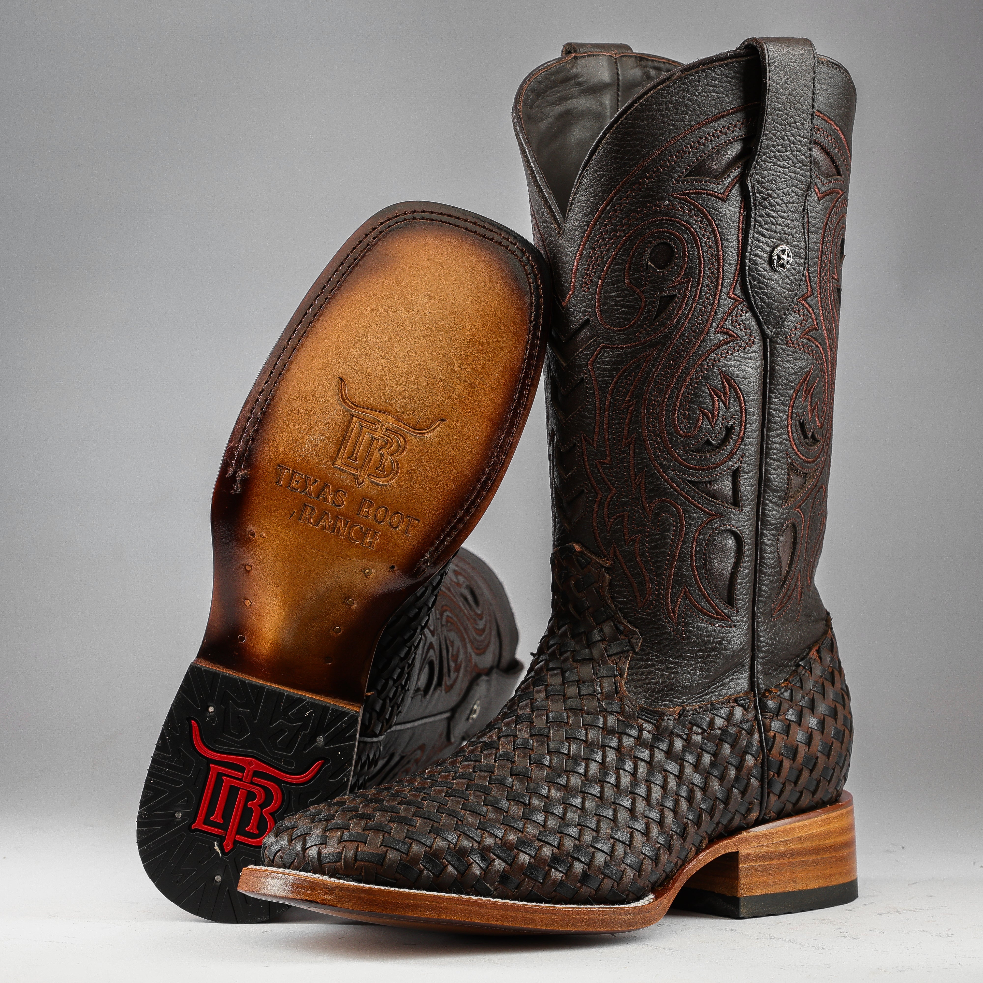 Chocolate Brown Basketweave Leather Boots - Square Tod – Texas