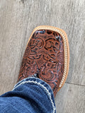 Men’s Cognac Hand-Tooled Leather Boots With Blue Shaft