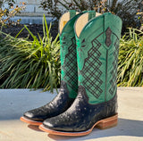 Mens Black Ostrich With Green Shaft Leather Boots