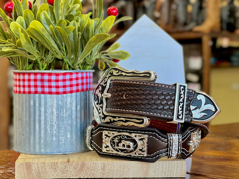 Men’s Brown And Black Leather Belt With Praying Cowboy Concho