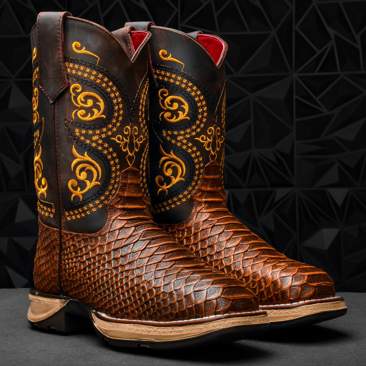 Cognac Jumbo Python Leather Boots With 3D Lightweight Sole - Composite ...