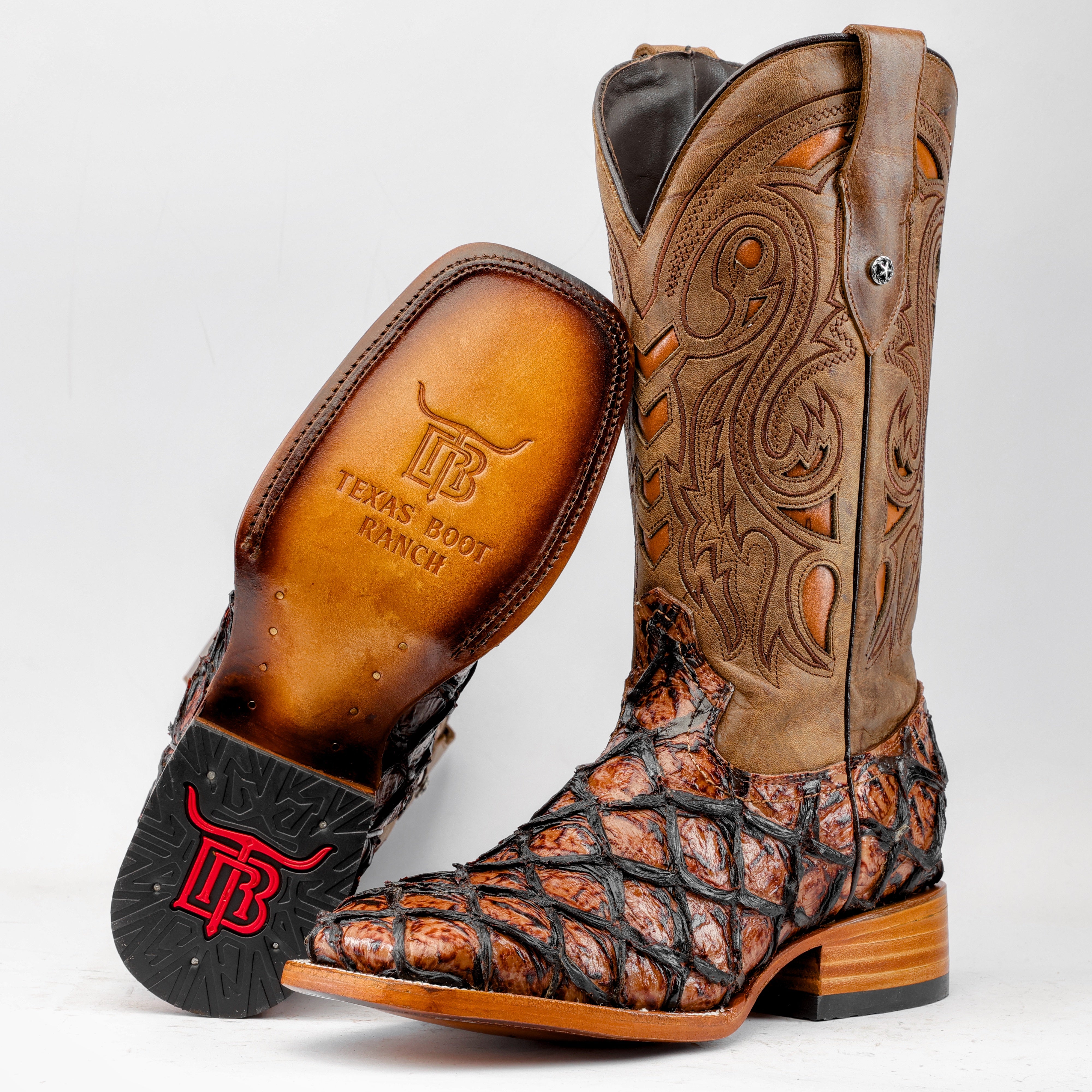 Cognac Jumbo Pirarucu Leather Boots - Square Toe – Texas Boot Ranch