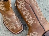 Women’s Honey Leather Boots Woth Beige Floral Embroidery