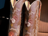 Men’s Cognac Ostrich Leather Boots With Brown Shaft & Rooster Embroidery