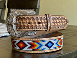 Honey Hand-Tooled Artesanal Tabs With Silver Studs With White and Red/Blue Beaded Leather Belt