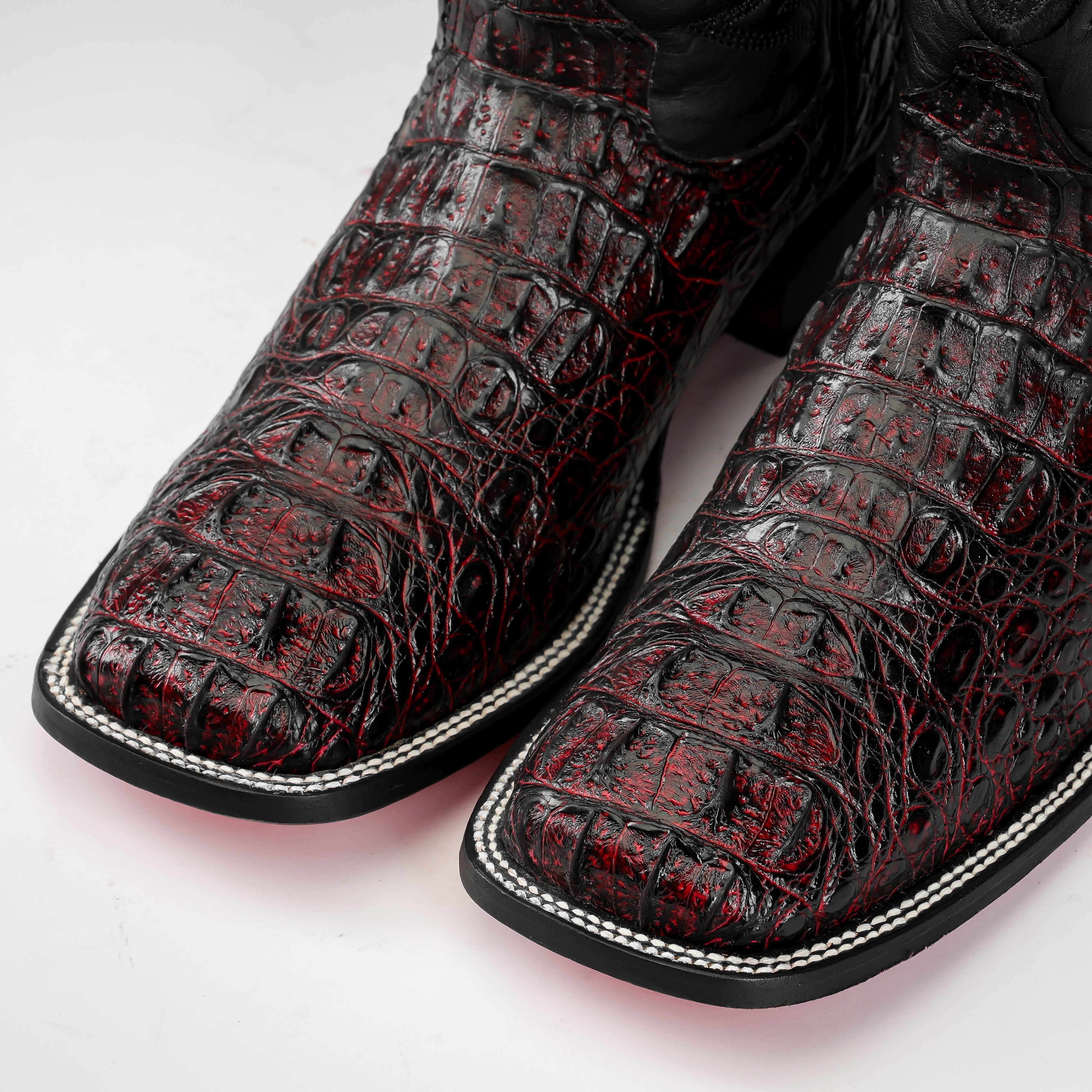 Black Cherry Caiman Neck Leather Boots - Square Toe – Texas Boot Ranch