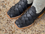 Men’s Black Matte Pirarucu Exotic Boots With White Shaft