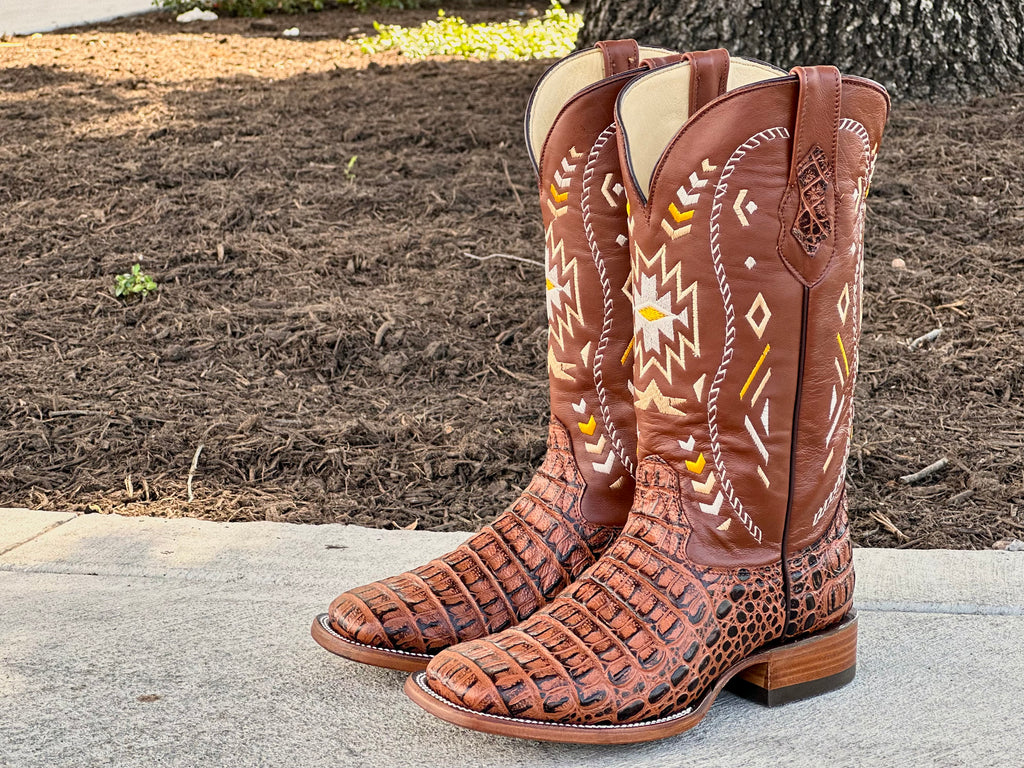 Mens Cognac Crocodile Horn Back Leather Boots Texas Boot Ranch