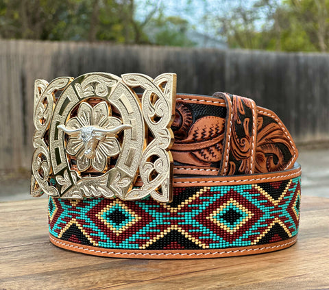 Hand-Tooled Artesanal Tabs With Mint Green and Maroon Beaded Leather Belt