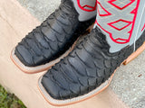 Men’s Black Python Leather Boots With Grey/ Red Embroidery Shaft