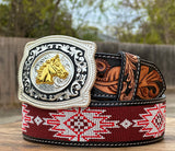Hand-Tooled Artesanal Tabs With Maroon  And White Beaded Leather Belt (Read Description Before Ordering)￼