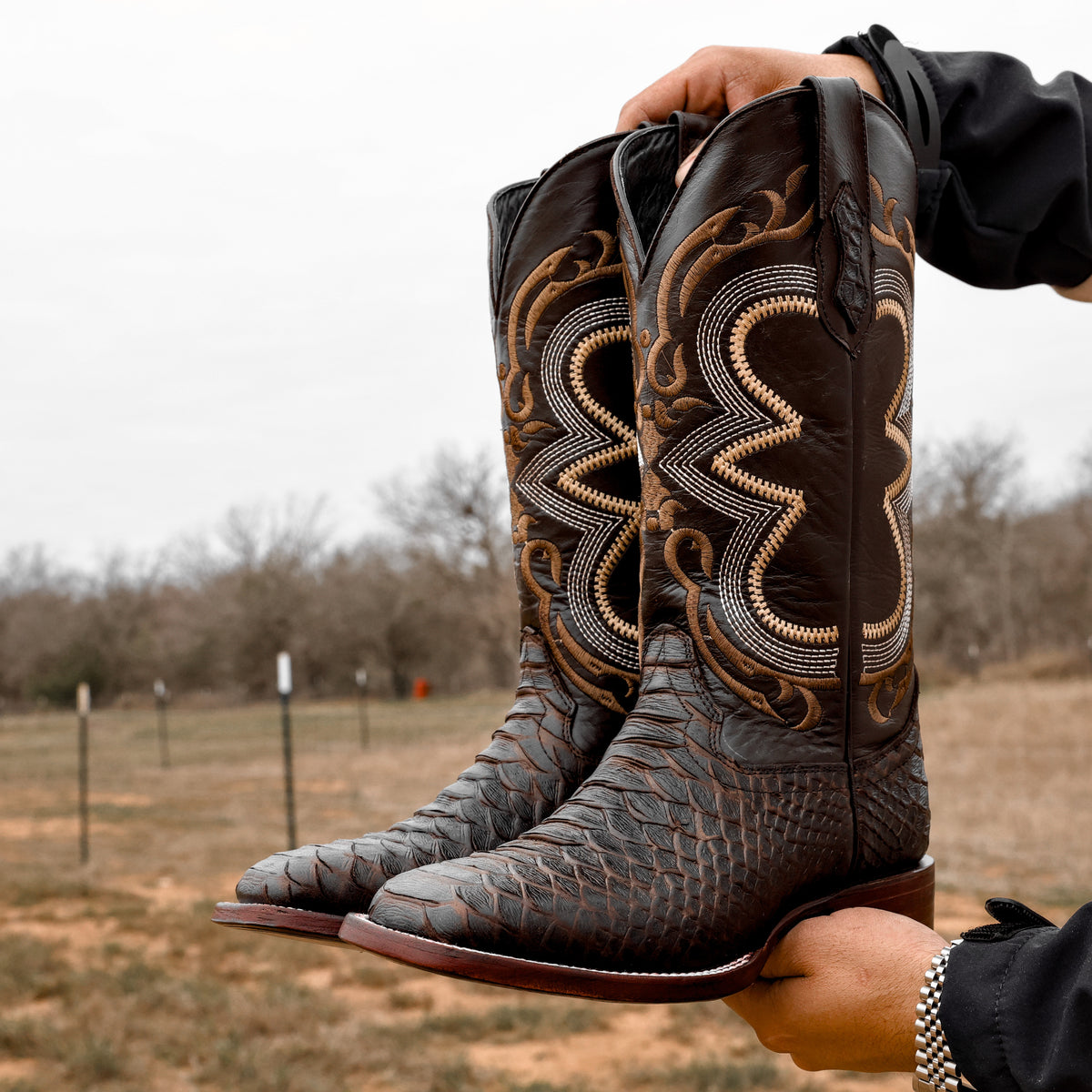 Matte Brown Python Leather Boots - Square Toe – Texas Boot Ranch