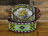 Hand-Tooled Artesanal Tabs With Green and Gold Beaded Leather Belt ( Read Description Before Ordering)
