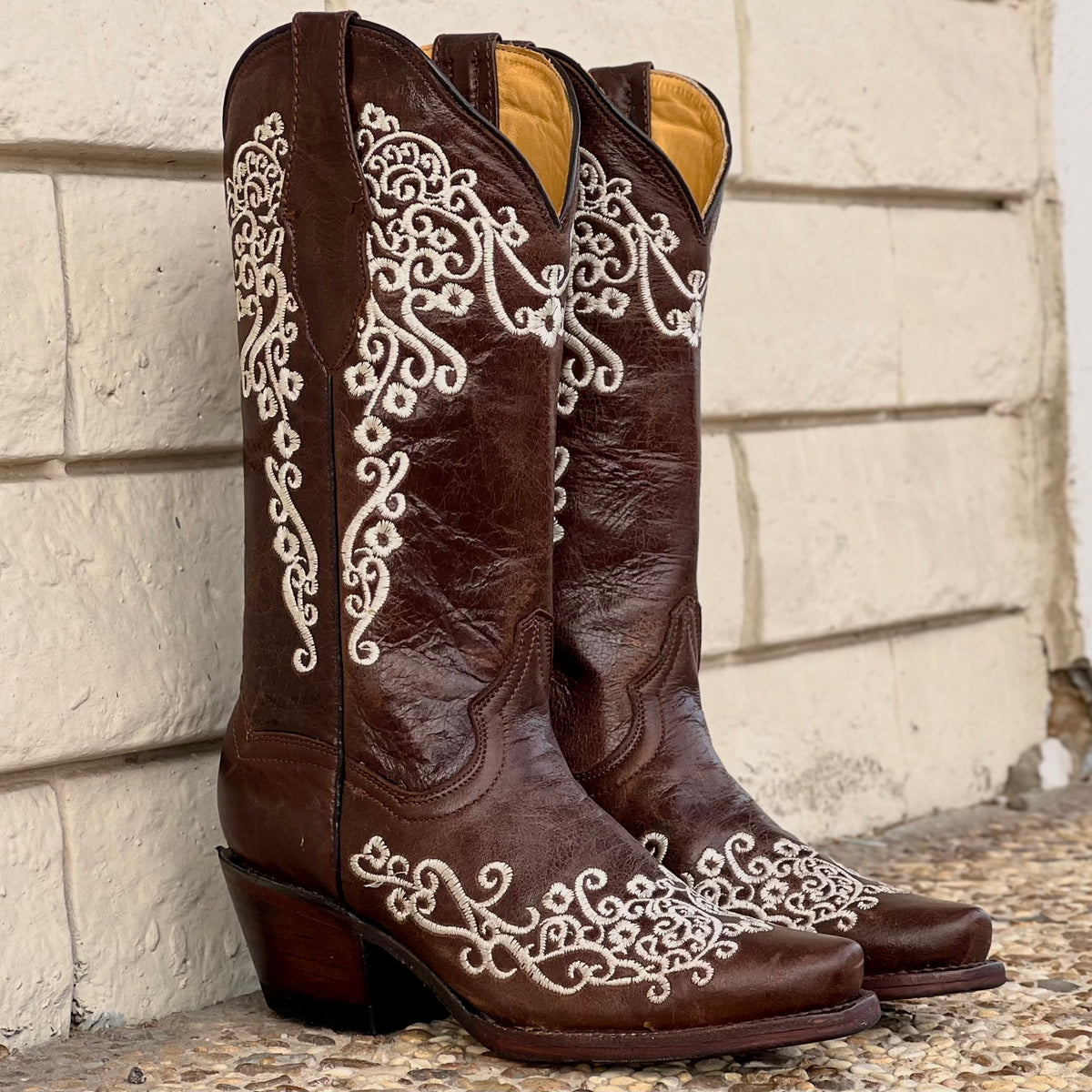 Women’s Brown Leather Boots Woth White Floral Shaft – Texas Boot Ranch