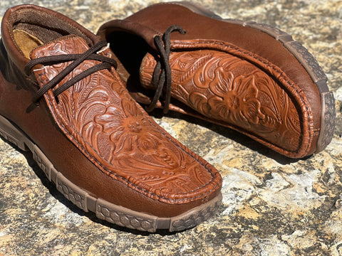 Men’s Cognac Hand Tooled  Leather Boat Shoes