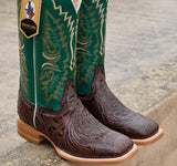 Men’s Brown Hand-Tooled Leather Boots With Green Shaft