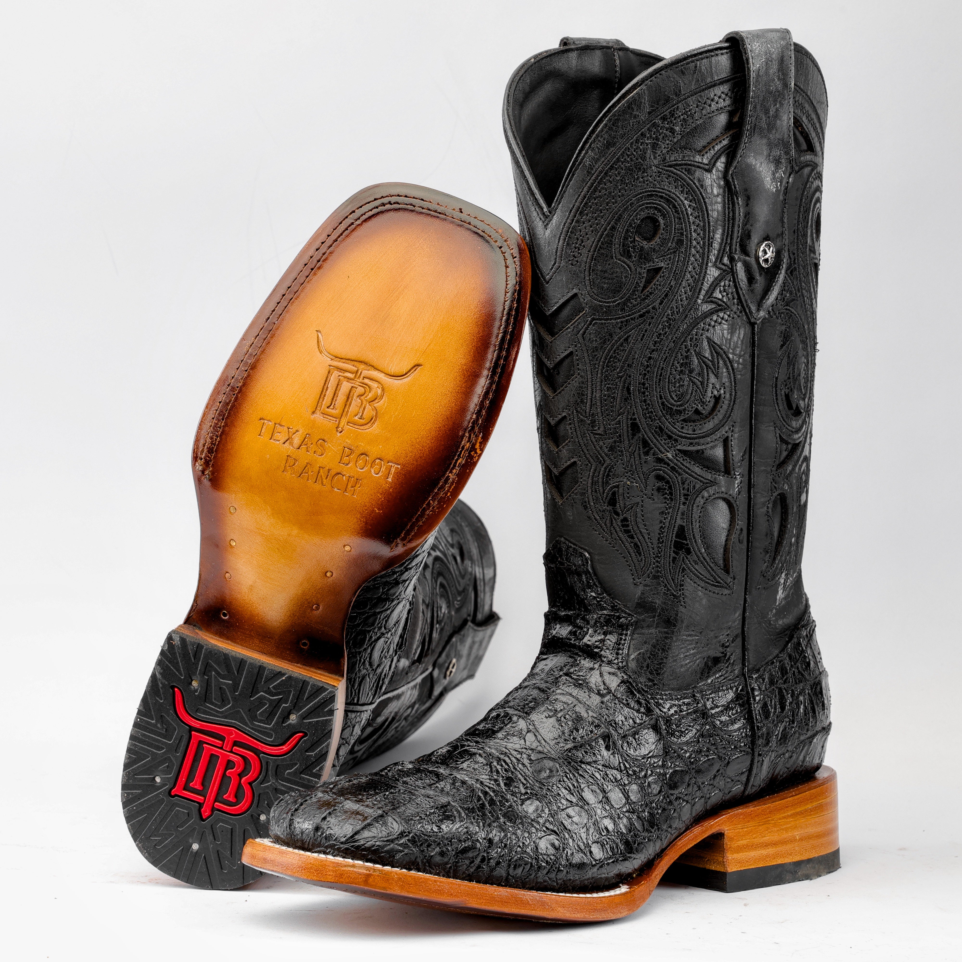 Black Caiman Neck Leather Boots - Square Toe – Texas Boot Ranch