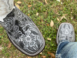 Men’s Grey Hand-tooled Leather Boots With White Shaft