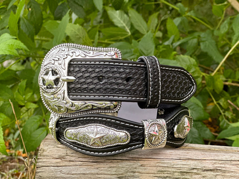 Men’s Black Leather Belt With Star Concho