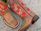 Women’s Honey Leather Boots With Red Roses Embroidery