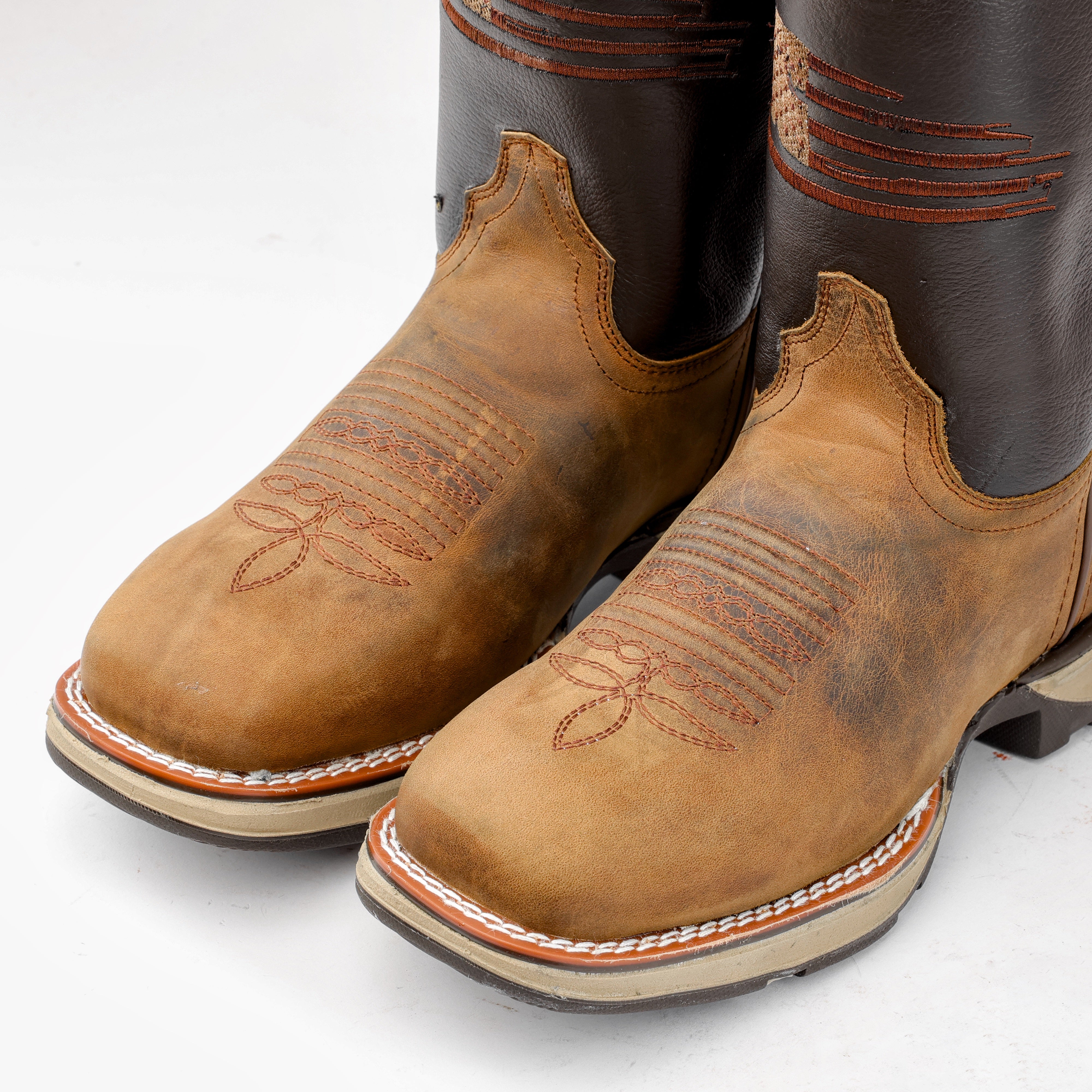 Distressed Brown “American Flag” Leather Work Boots - Square Toe
