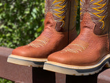 Men’s Cognac Neck Bull Leather Work Boots- No Steel Toe