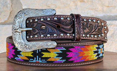 Brown Hand-Tooled Leather Artesanal Tabs With Silver Studs Colorful Beaded Belt