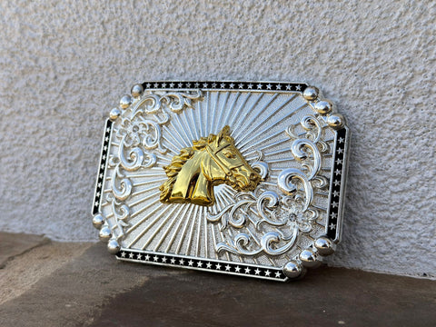 Silver Plated Buckle With Gold Horse-Head