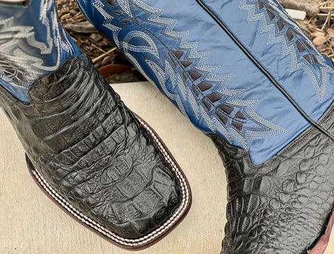 Mens Black Crocodile Leather Boots With Blue Shaft