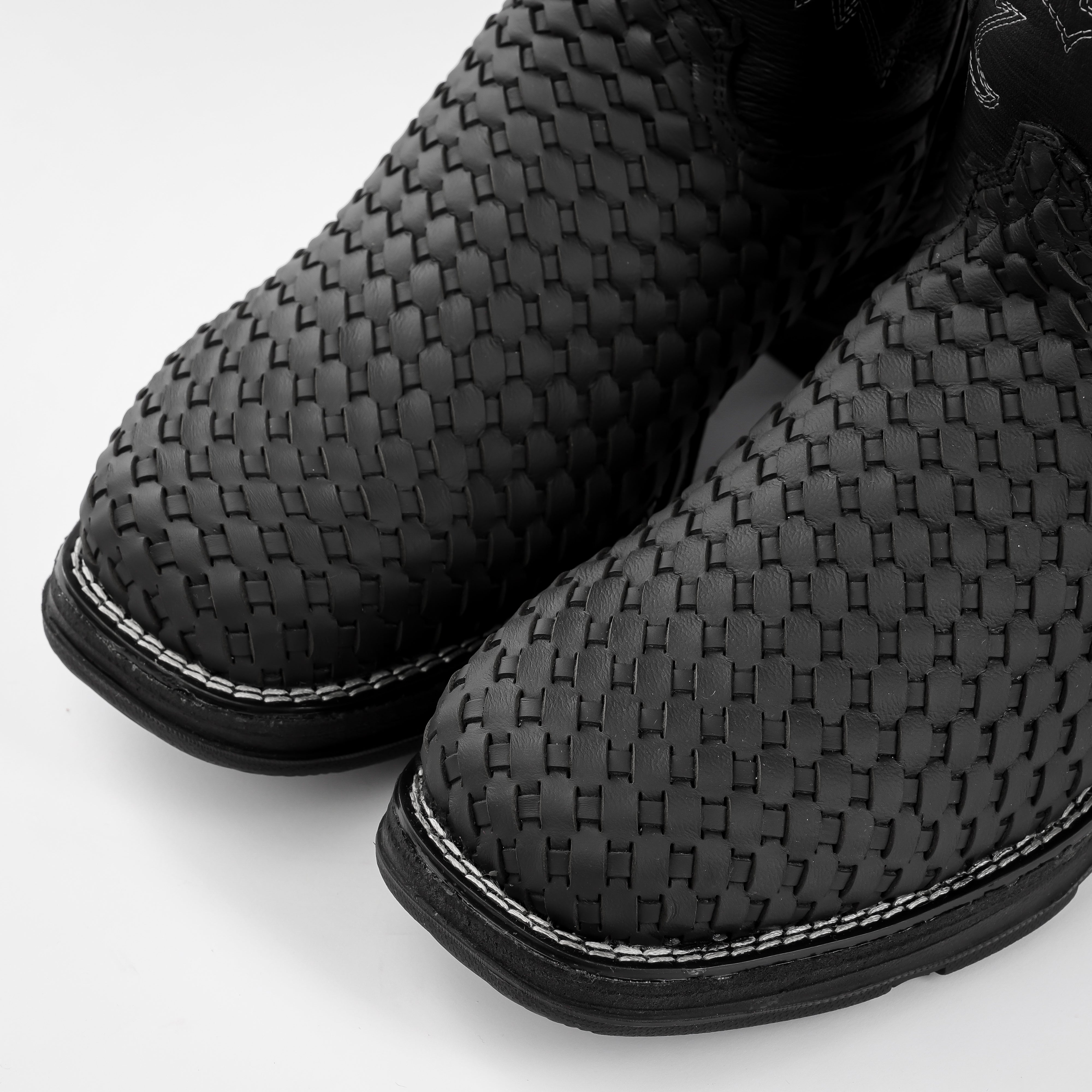 Black Basketweave Leather Boots With 3D Lightweight Sole - Square