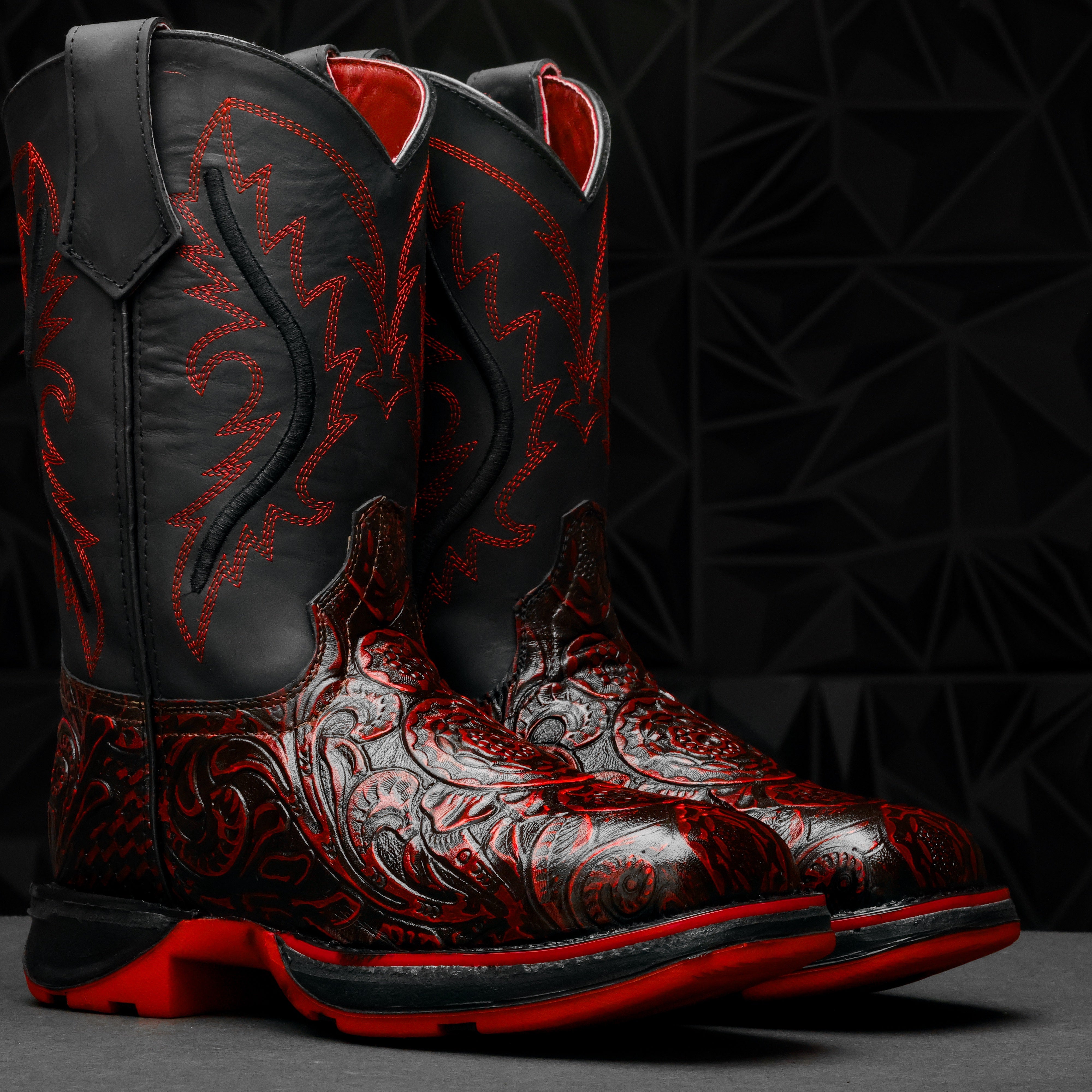 Black Cherry Hand-Tooled Leather Boots With 3D Lightweight Sole