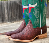 Men’s Chocolate Brown Ostrich Leather Boots With Green Shaft