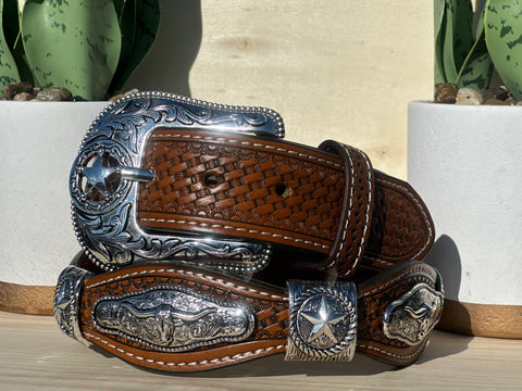 Men’s Honey Leather Belt With Longhorn Concho