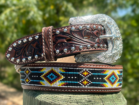 Dark Brown Hand-Tooled Artesanal Tabs With Silver Studs. Multi Color Beaded Leather Belt.