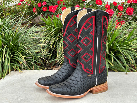 Mens Black Matte Python Leather Boots With Red Embroidery On Shaft