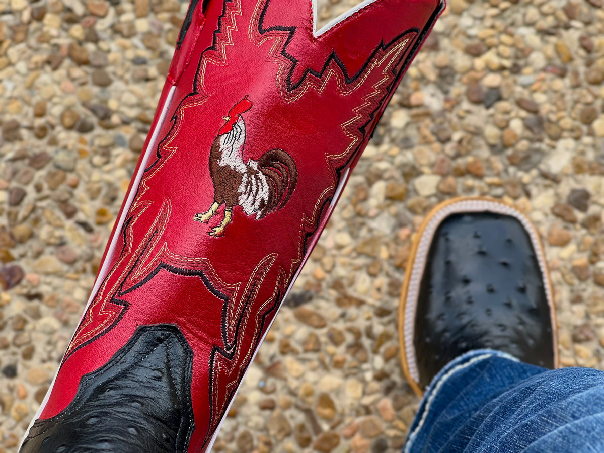 Men’s Black Ostrich Leather Boots With Red/Rooster Shaft – Texas Boot Ranch