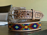 Honey Hand-Tooled Artesanal Tabs With Silver Studs Colorful Beaded Leather Belt