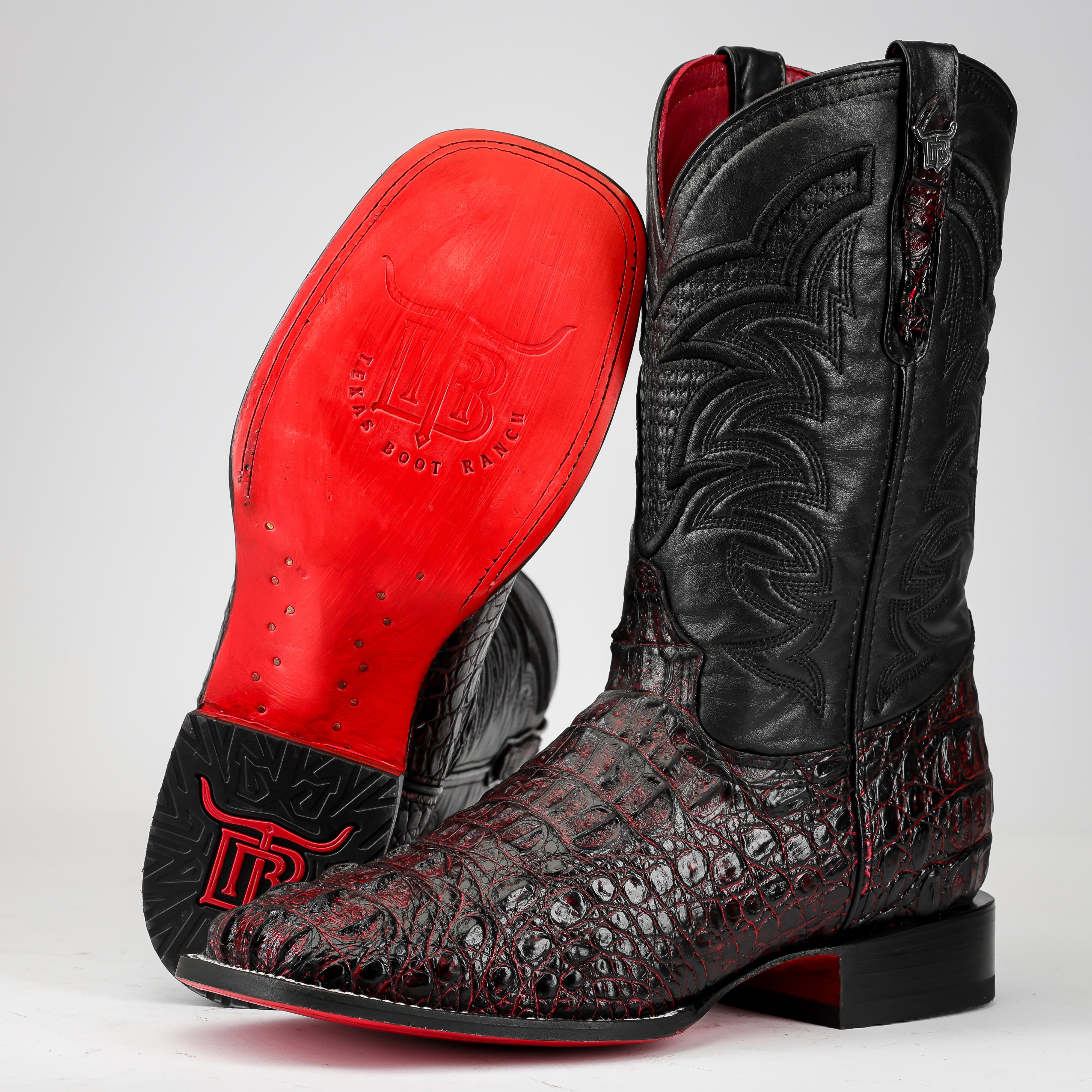 Black Cherry Caiman Neck Leather Boots - Square Toe – Texas Boot Ranch