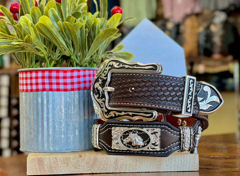 Men’s Brown And Black Leather Belt With Horse Concho