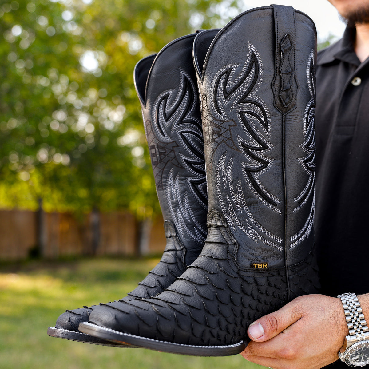 Matte Black Jumbo Python Leather Boots - Square Toe – Texas Boot Ranch