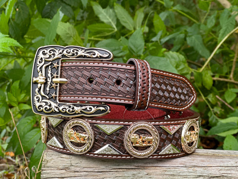 Men’s Brown Leather Belt With Praying Cowboy Concho